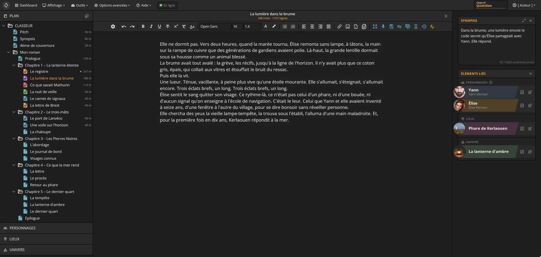 L'espace d'écriture Scribbook : plan du roman, éditeur, synopsis et éléments liés